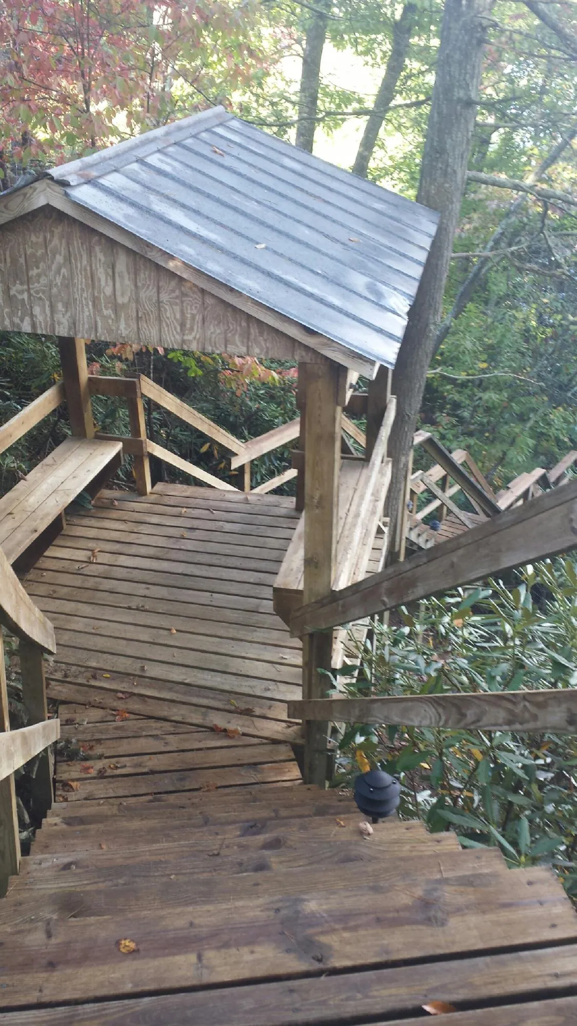 Metal roofed shelter over wooden steps on a wooded walkway — Skylight Repair & Installation work by our crew in Beaman